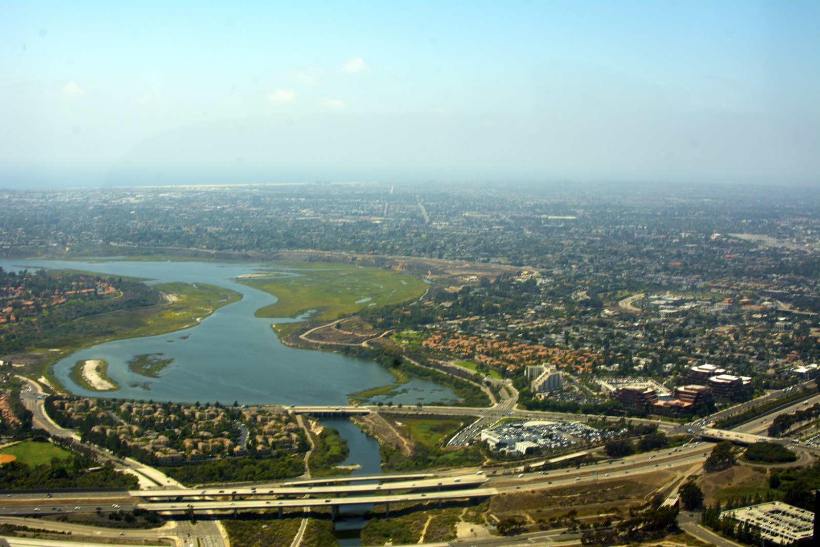 Aerial view of Newport Back Bay and the surrounding roads and landscape
