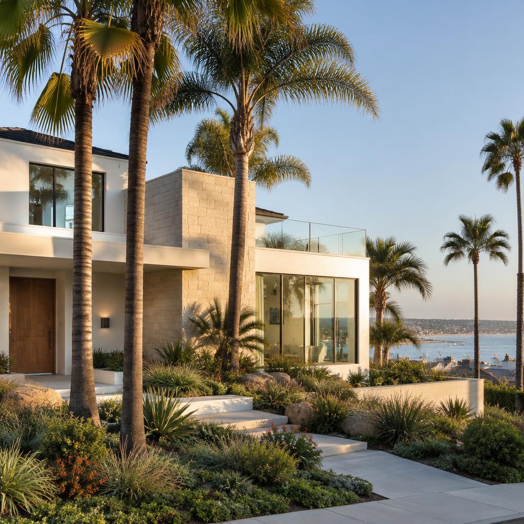 Modern coastal home among palm trees